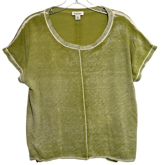 Sundance Acid Washed Short Sleeve Sweater Womens Medium Pear Green Exposed Seam - Picture 2 of 10